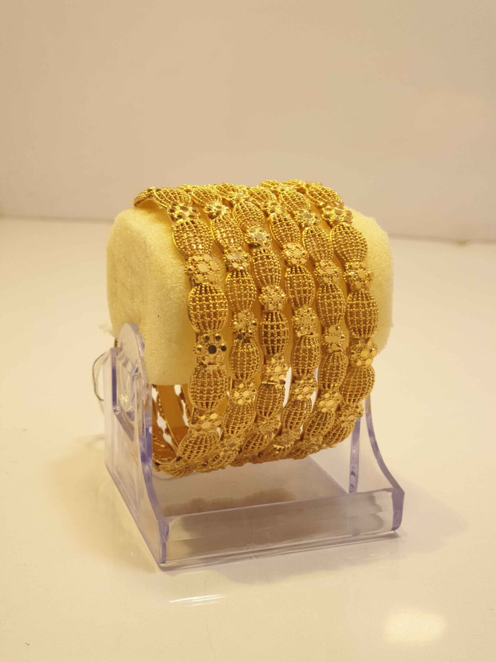 24K Gold Plated Floral Mesh Design Bridal Bangles with Artistic Stone Arrangement