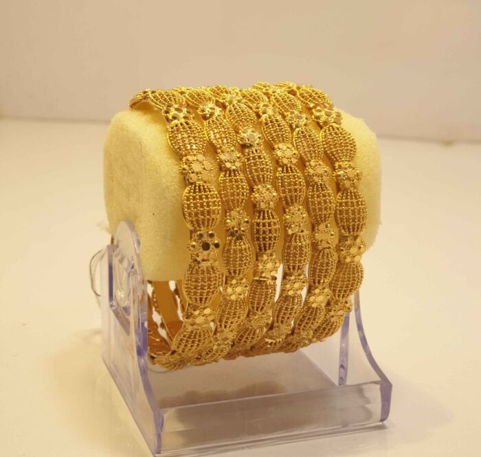 24K Gold Plated Floral Mesh Design Bridal Bangles with Artistic Stone Arrangement