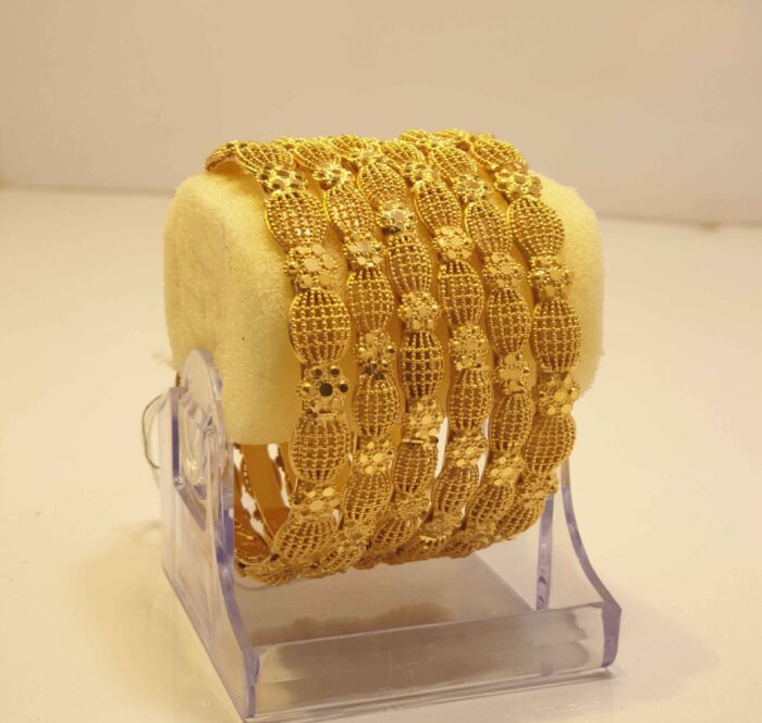 24K Gold Plated Floral Mesh Design Bridal Bangles with Artistic Stone Arrangement